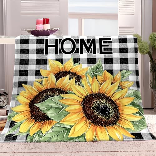 Cuadrados Whites y Negros Manta de Franela 150x200 cm Girasol geométrico Impresión Plaid Sofa 3D Extra Suave Acogedora y Cálida Manta Cubierta de Cama Mantas de Sofa Cama para Adultos y Niños