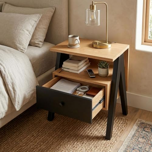 Image of FFO Modern Bedside Table with Drawer & Open Shelf, Wooden Top with Metal Frame, Compact Nightstand for Bedroom, Side Table with Storage, End Table for Living Room (45x35x40 cm, Oak Finish & Black).