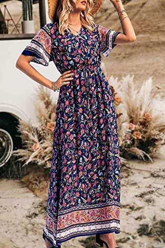 Image of PRETTYGARDEN Women's Casual Summer Boho Floral Print Dress V Neck Short Sleeve High Waist Long Maxi Beach Dresses