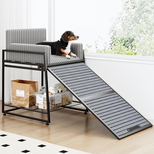 Pet Stairs Ramp with Seat Dog Window Perch with Stairs and Storage Dog Seat with Ramp Steps Bunk Bed Chair with Sofa Cushion for Bed Couch Office Folding Pet Ramp for Dogs Cats Hold Up to 110 lbs