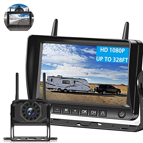 Vekooto RV Backup Camera Wireless Systems, 7 inch Monitor, 1080P Camera with Infrared Night Vision, 2.4/5.8GHz Dual Band, Wireless Backup Camera for RV/Trailer/Truck/Camper/Van/Farm, 32GB SD Card