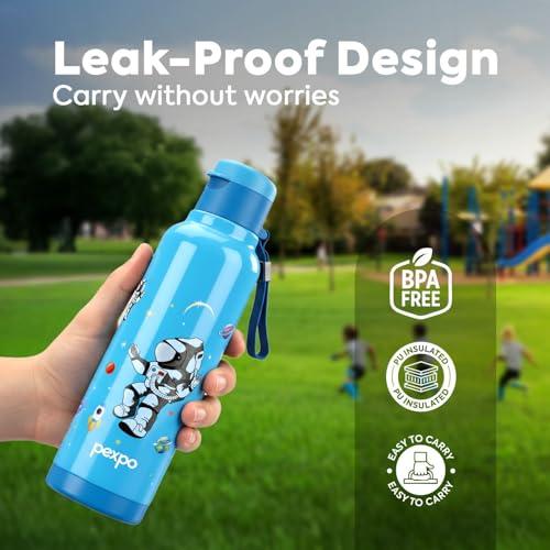 Image of Go24 pexpo Sonnet 900 PU Insulated Stainless Steel Water Bottle for Kids - 680ml | Flip-Top Cap | Leakproof & BPA Free| Carry Strap | for School, Sports, Travel, Picnic, Outdoor - Blue Astronaut