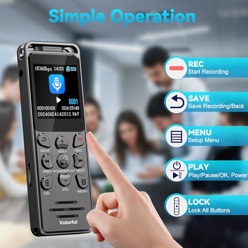 144GB Diktiergerät Digital 70 Std Aufnahmegerät, Volorful 1,44 Farbbildschirm Voice Audio Recorder, MP3 Player, USB-C Diktiergeräte mit Spracherkennung/Wiedergabe für Meeting Interview Vortrag