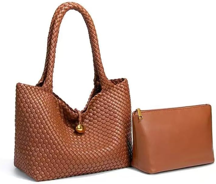 Large Woven Leather Hobo Handbag with Matching Pouch, Brown Braided Tote Shoulder Bag, 2 Piece Set