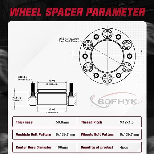 Image of BDFHYK 6X5.5 Wheel Spacers 2 inch 6x139.7mm Hub Centric Wheel Spacer Set with M12x1.5 Studs 106mm Center Bore Compatible with Lexus GX470 GX460 4Runner FJ Cruiser Sequoia Tacoma Tundra, Set of 4