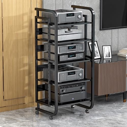 Image of AV Media Stand - Audio Cabinet & Stereo Rack with Wheels, Open Storage for Home, Office, Theater & Recording Room(Black,50 * 42.5 * 110cm)