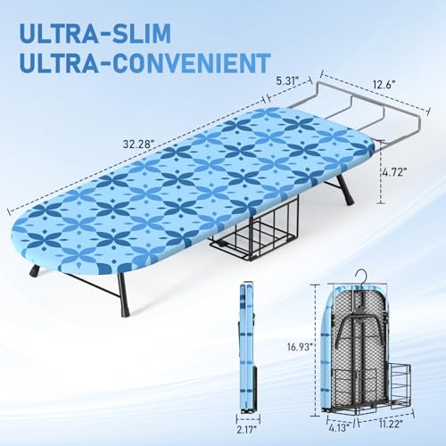 Image of Small Ironing Board Tabletop with Iron Holder, Foldable Mini Iron Board with Iron Rest, Hook for Wall /Door Hanging, Dirt & Heat Resistant Cover, Portable for Home Apartment Travel Laundry Room Sewing