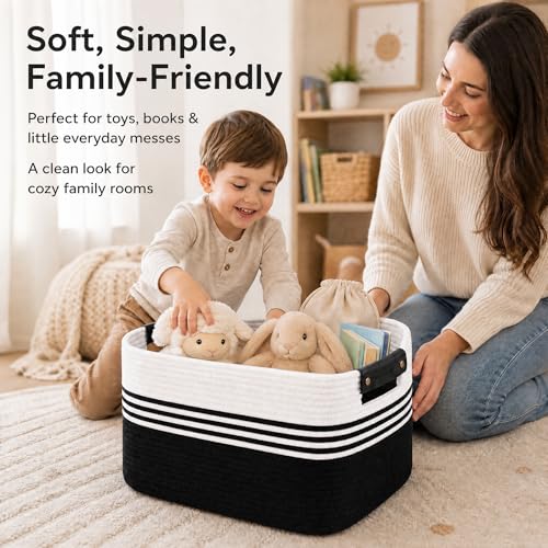 Image of Cotton Rope Laundry Basket Medium, 15.4GAL Collapsible Woven Storage Baskets for Living Room Kids Toys Stuffed Animal,Boho Rectangular Decorative Short Hamper for Dirty Clothes, Blankets White Black