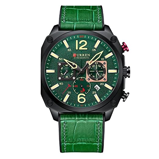 KAIGOPAW Reloj de pulsera cuadrado multifunción de cuarzo para hombre, Negro Verde, Cronógrafo