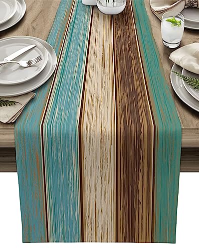 Farmhouse Table Runners 72 inches Long Retro Rustic Barn Wood&Teal Green Brown Turquoise Linen Burlap Rectangle Dresser Scarves Table Setting Decor for Wedding Party Holiday Coffee Dinner Home