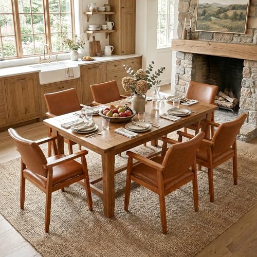 Image of NOBPEINT Mid-Century Modern Dining Chairs with Armrest Set of 4, PU Leather Upholstered Dining Room Chairs with Solid Wood Frame, Walnut Kitchen Armchairs for Kitchen Living Room Restaurant, Brown