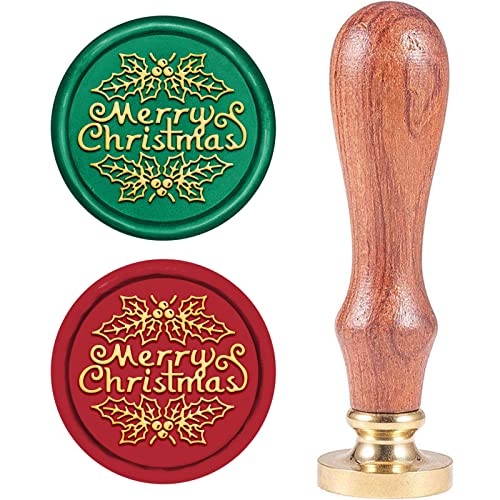 CRASPIRE Merry Christmas Sealing Wax Stamp Holly Leaf X'Mas Eve Wax Seal Stamp Head with Wooden Handle for Christmas Invitations, Envelope Cards, Gift Decoration