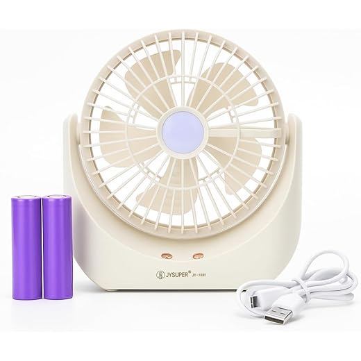Schwan JY-1881 Rechargeable Table Fan with LED Light, 2400mAh Battery, 3 Speed Modes, 5 Blades, Strong Motor, Portable Desk Fan with Low/High Brightness, for Home, Office & Travel (3 Color) (Cream)