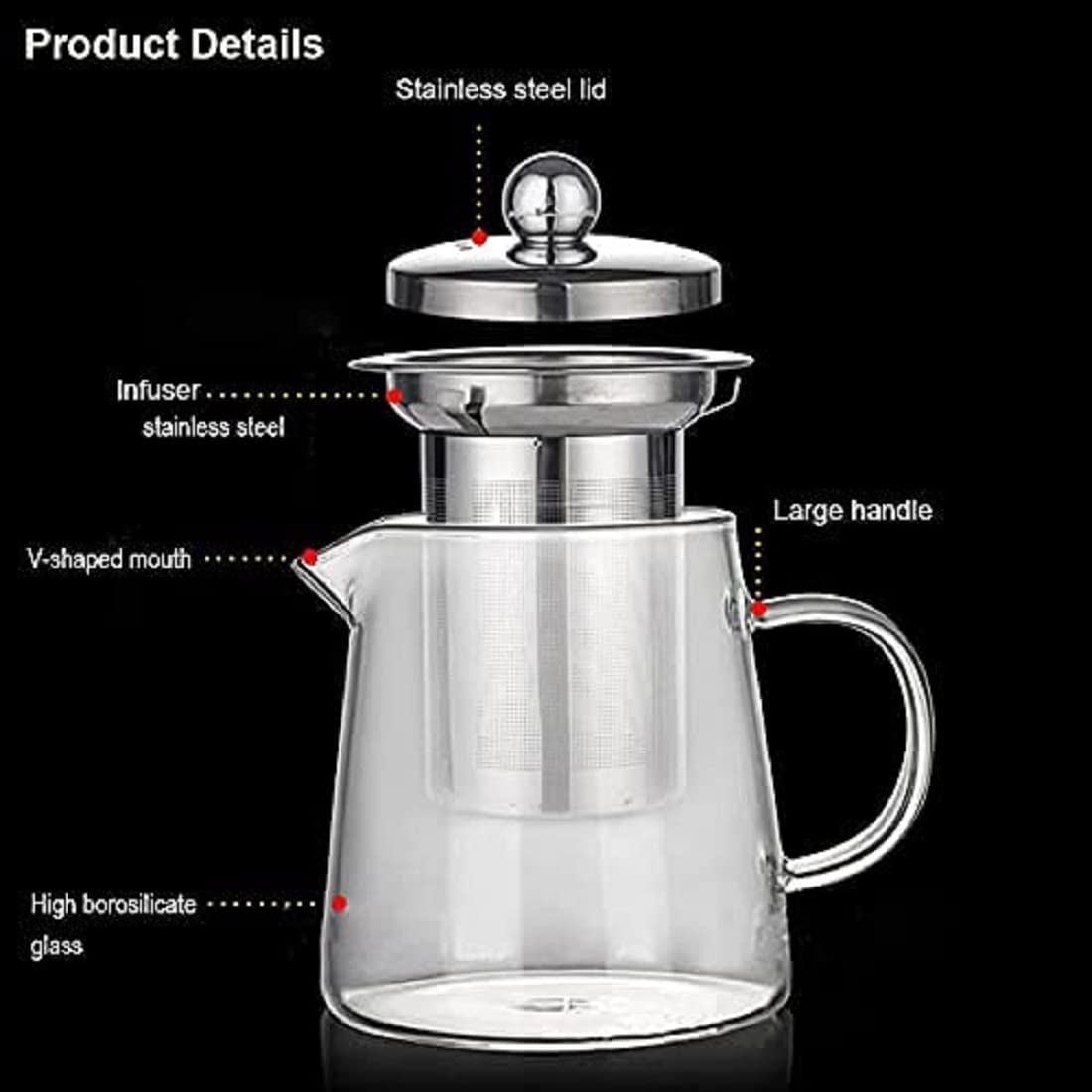 ROSEFINCH 550 ml Teapot, Tea Pot for Blooming Tea, Flowering Tea Pot Gift Set, Scale line Glass Teapot Stovetop Safe 4
