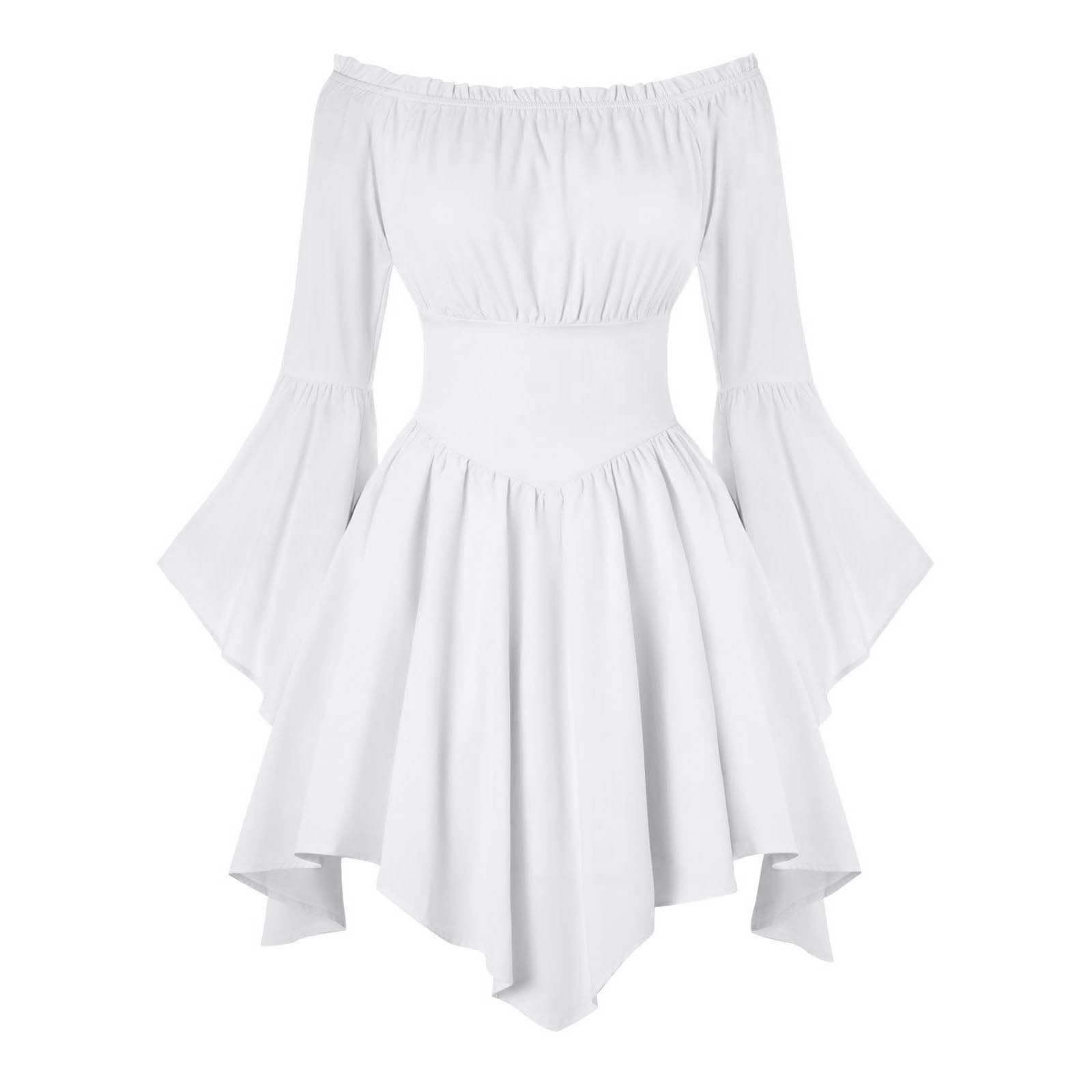 White Pirate Dress Off Shoulder Ruffle Romper Dress White Pirate Halloween Costume Short Puff Sleeve Smocked Jumpsuit Overall Elastic Waist A-Line Shorts Mini Dresses
