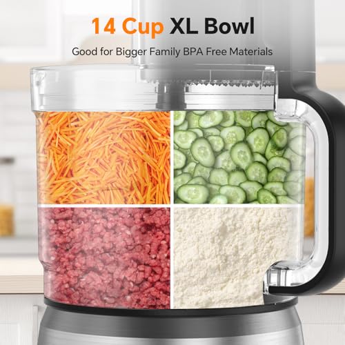 7-in-1 Professional Food Processor, 800W Powerful Electric Vegetable Chopper, 14-Cup XL Bowl, Large Feed Chute, Cheese Shredding, Meat Chopping, Shredding and Slicing, Mixing and Doughing