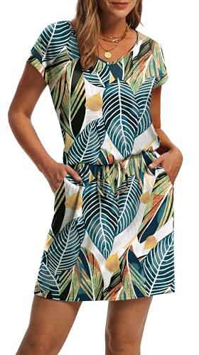 Image of OFEEFAN Summer Dresses for Women 2026 V Neck T Shirt Casual Mini Dresses Tie Waist Sundresses with Pockets