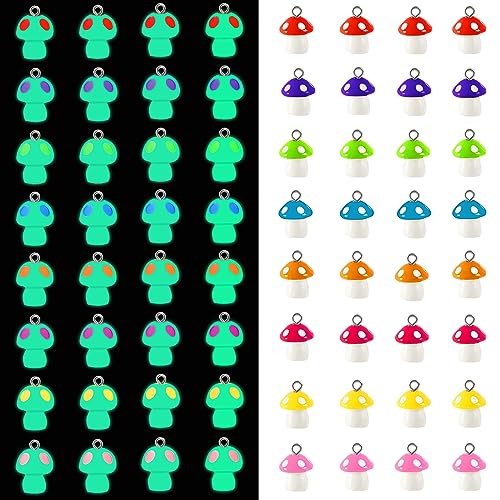 Augshy Mushroom Charms 64 Pcs Mushroom Resin Charm Beads Ornament Glow in The Dark Pendant for DIY Bracelet Necklace Jewelry Making