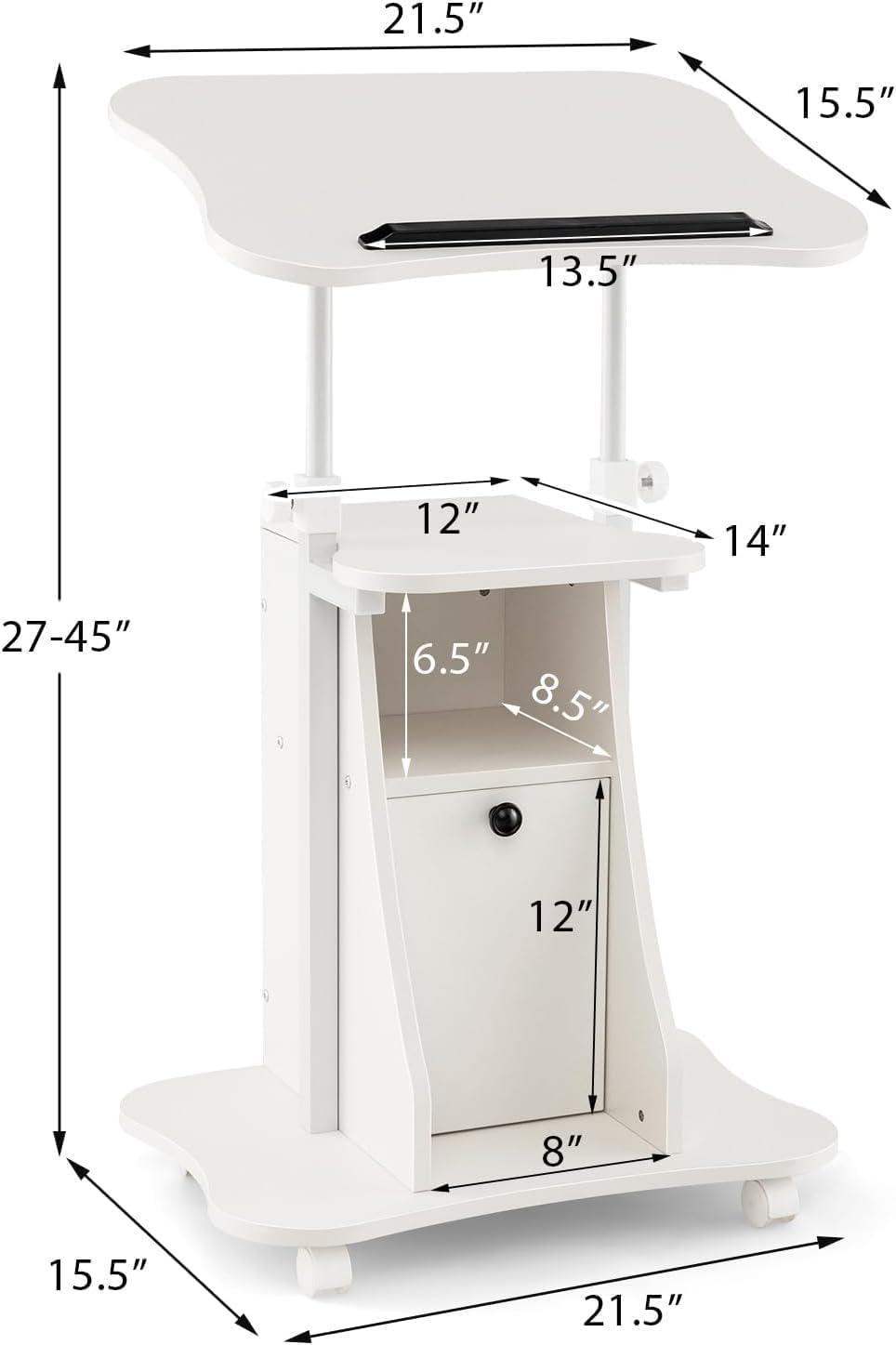 Mobile Laptop Podium, Portable Height Adjustable Podium Stand, Rolling Lectern Desk with Storage, 180° Tilting Top, Lockable Universal Casters, Sit-to-Stand Computer Desk for Home, Office