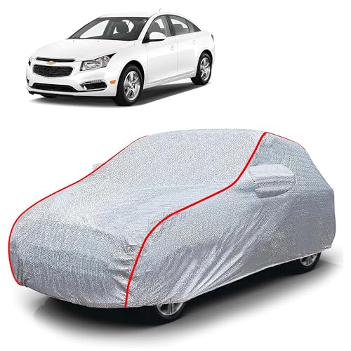 Image of Sulfar 100% Waterproof Car Body Cover Compatible with Mirror for Chevrolet Cruze (Triple Stitched, Full Bottom Elastic, Magic Silver with Red Piping)