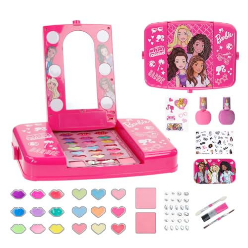 Townley Girl Barbie Juego de tocador de Belleza con Espejo Iluminado | ¡Incluye Brillo de Labios, Sombra de Ojos, Pinceles, Esmalte de uñas, Accesorios y más! |Edades 3 Fiestas, pijam