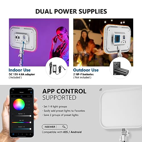 Neewer 18.3/'' RGB LED Video Light Panel with App Control Stand Kit 2 Packs, 360° Full Color,60W Dimmable 2500K~8500K RGB168 CRI97+ 17 Scene Effect for Game/YouTube/Zoom/Photography,White