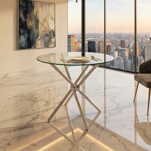 Image of Round Glass Dining Table 30 Inch Diameter with 10 mm Toughened Clear Glass Top Folding Stainless Steel Grade 202 Frame Compact Space Saving Table for Kitchen Dining Room Balcony Cafe (Steel finish)