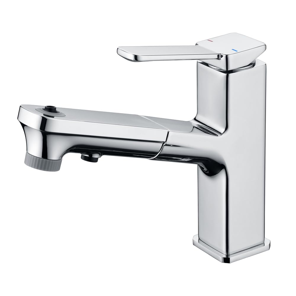 ZQFHSX Bathroom Extra Long Spout Square Single Handle Basin Sink Pull Out Faucet with 3 Modes Spray Head Fountain Mode Vanity Mixer Tap Chrome