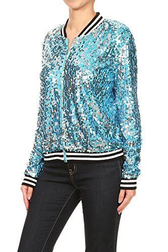 Anna-Kaci Womens Sequin Long Sleeve Front Zip Jacket with Ribbed Cuffs, Blue, Medium