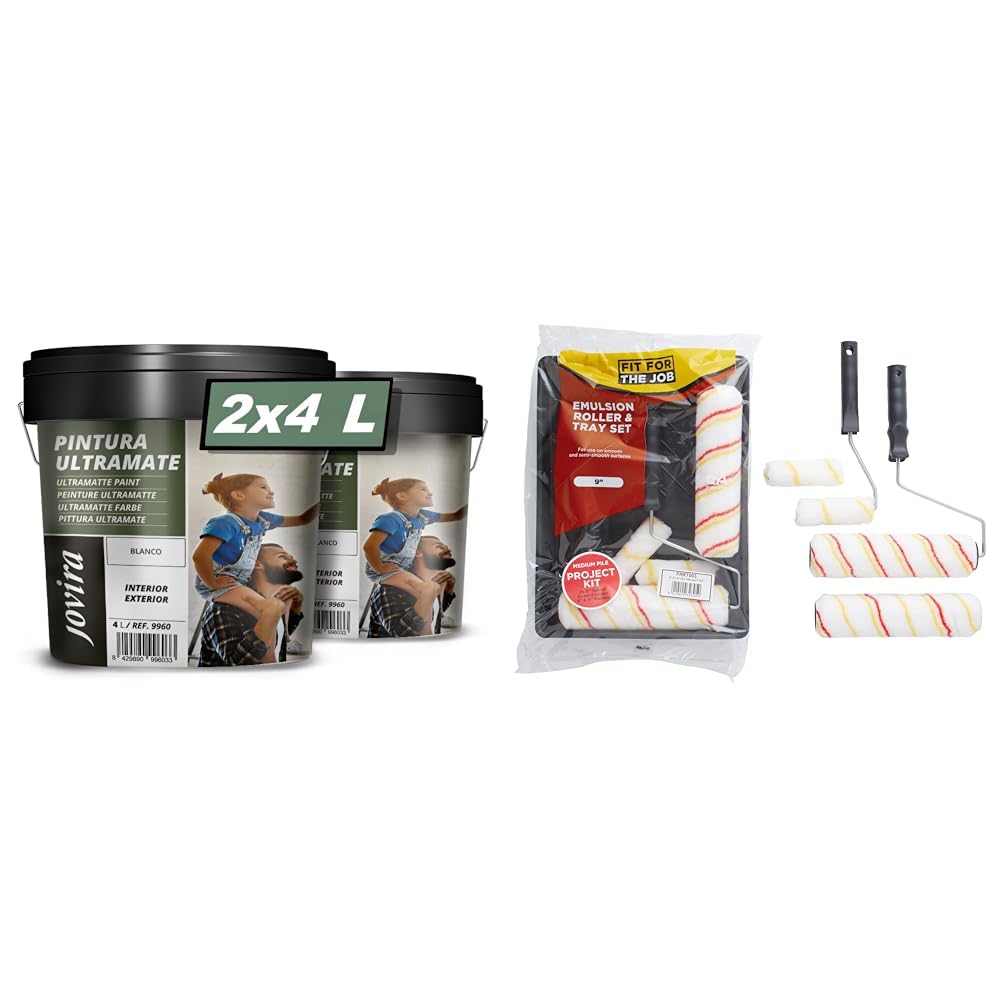 JOVIRA PINTURAS Peinture Ultramate Extérieur/Intérieur Lavable, super couvrant, blanc. & Fit For The Job Lot de 7 pièces, Rouleaux pour peinture-émulsion, 2 de 225 mm et 2 mini rouleaux