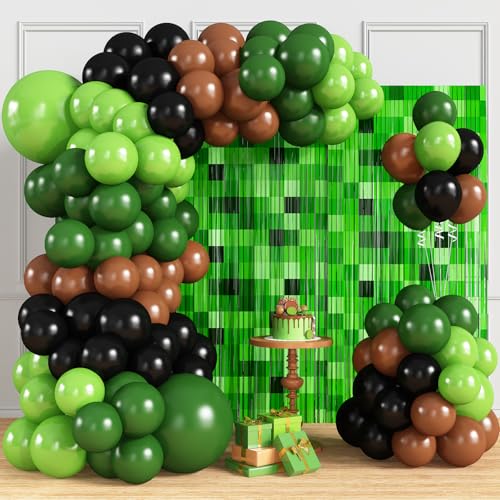 Pixel Green Balloon Garland Arch Kit Birthday Party Decorations Green Brown and Black Gamer Balloons Gaming Foil Fringe Curtains Backdrop Video Game Birthday Party Decorations Favor Supplies