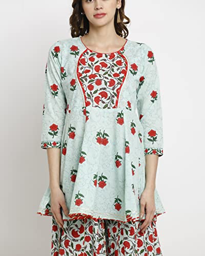 Image of Rajnandini Women's Pure Cambric Cotton Jaipuri Floral Printed A-Line Kurta Set With Dupatta (Ready To Wear; Sea Green; Small)(JOPLJPR803-S)
