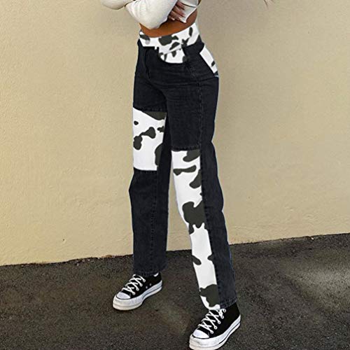 KESYOO Jeans Feminino Cow Jeans Patchwork Jeans Jeans de Cintura Alta Jeans Slim Calça Reta Patch Ca