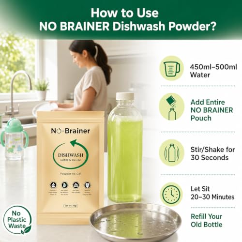 Image of NO BRAINER Dishwash Powder to Liquid | Natural Plant-Based, Non-Toxic Liquid | Hard on Grease, Easy on Hands | No Residue | Baby & Pet Safe | No Plastic Waste | Lime (Bottle + 1 Pouch for 500ml)