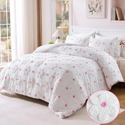 Image of Twin Size Comforter Set for Girls Pink Tufted Daisies Flowers Bedding Sets