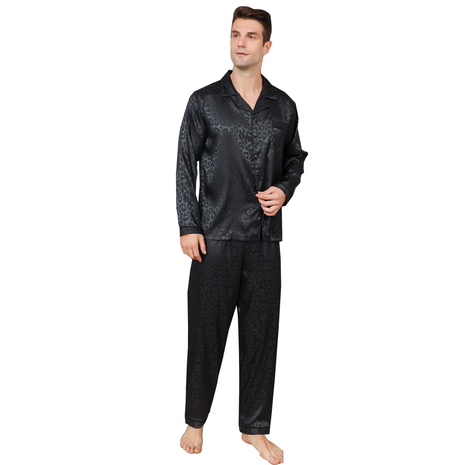RuanMMMens Satin Pajamas Set Long Sleeve Top and Long pants Silky Nightwear Pj Sets Sleepwear