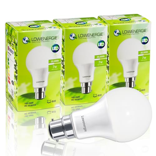 LOWENERGIE LED Light Bulbs 7W B22 Bayonet Day White 6000K A60 GLS Lamps – Pack of 3, 60W Equivalent Energy-Saving Everyday Lighting [Energy Class F]