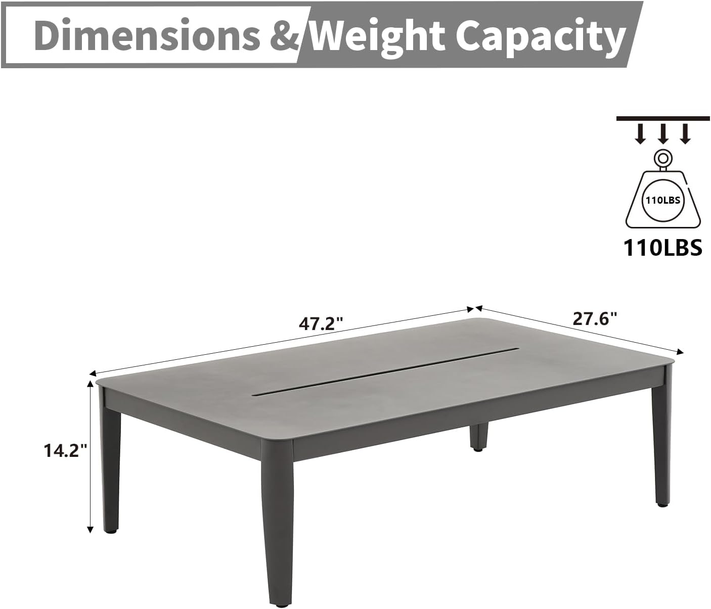Patio Coffee Table Rectangle Outdoor Coffee Table for Outside All-Weather Aluminum Outdoor Coffee Tables for Balcony Garden Lawn, Grey