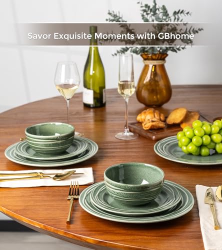Image of GBHOME Ceramic Dinnerware Sets,12 pcs Embossed Elegant Stoneware Plates and Bowls Sets, Housewarming Wedding Gift | Dishwasher & Microwave Safe | Dishes Set Service for 6