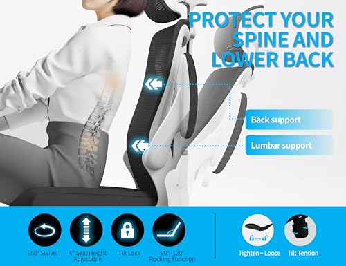 Image of Ergalithic Ergonomic Office Chair - Computer Desk Chair with Adjustable Lumbar Support - 300lbs Executive Desk Chair High Back with Headrest Flip-Up Arms for Long Hours, Rolling Chair (White Black)
