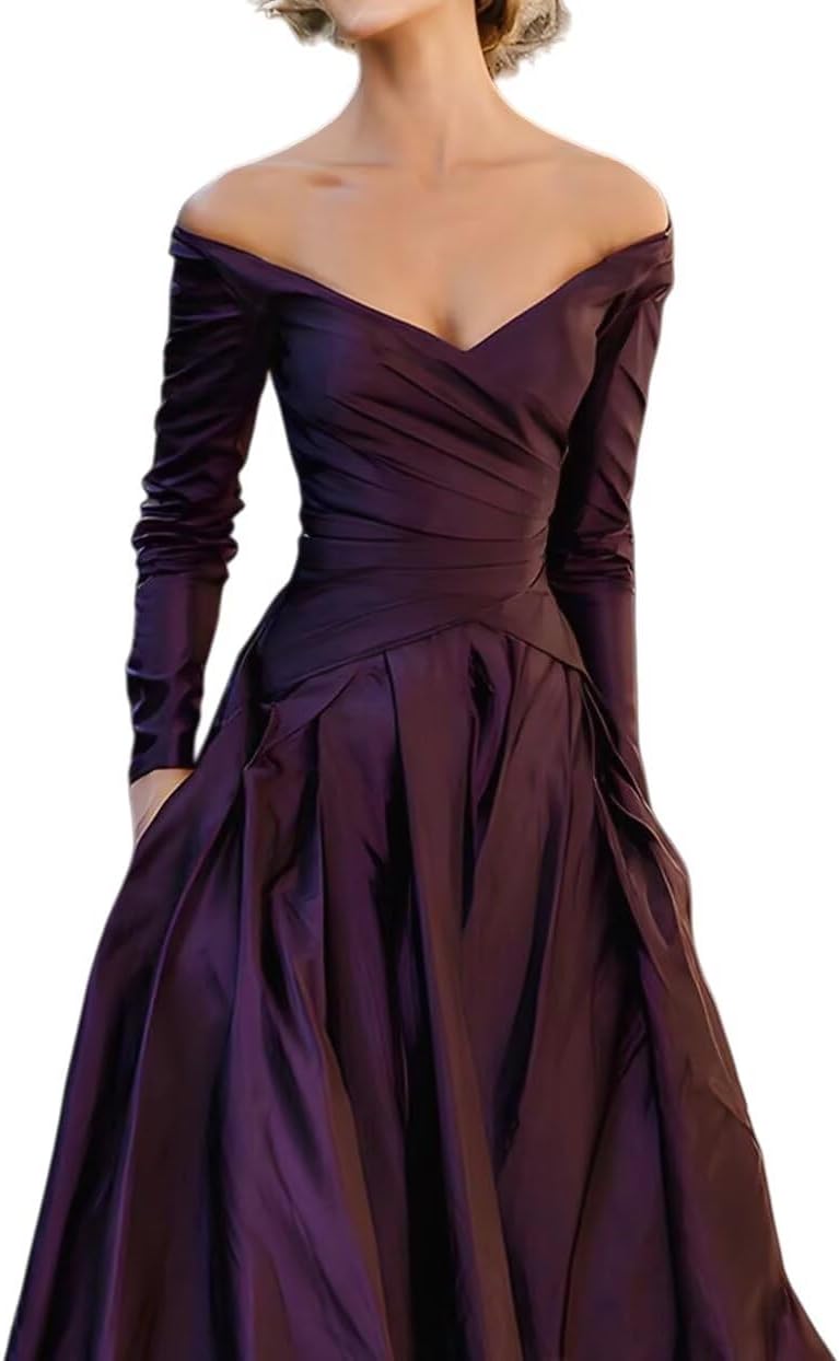 Dydsz Elegant Off Shoulder Evening Dresses for Women Formal Gown with Pockets Satin Mother of Bride Dresses Long Sleeve - Image 4