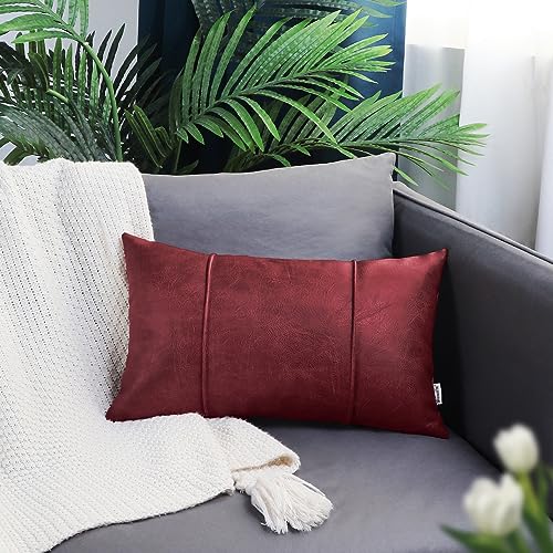 Image of BRAWARM Burgundy Leather Throw Pillow Covers 12 X 20 Inches - Faux Leather Lumbar Pillow Cover with Piping, Hand Stitched Leather Throw Pillow for Couch Sofa Bed Living Room Home Decorative