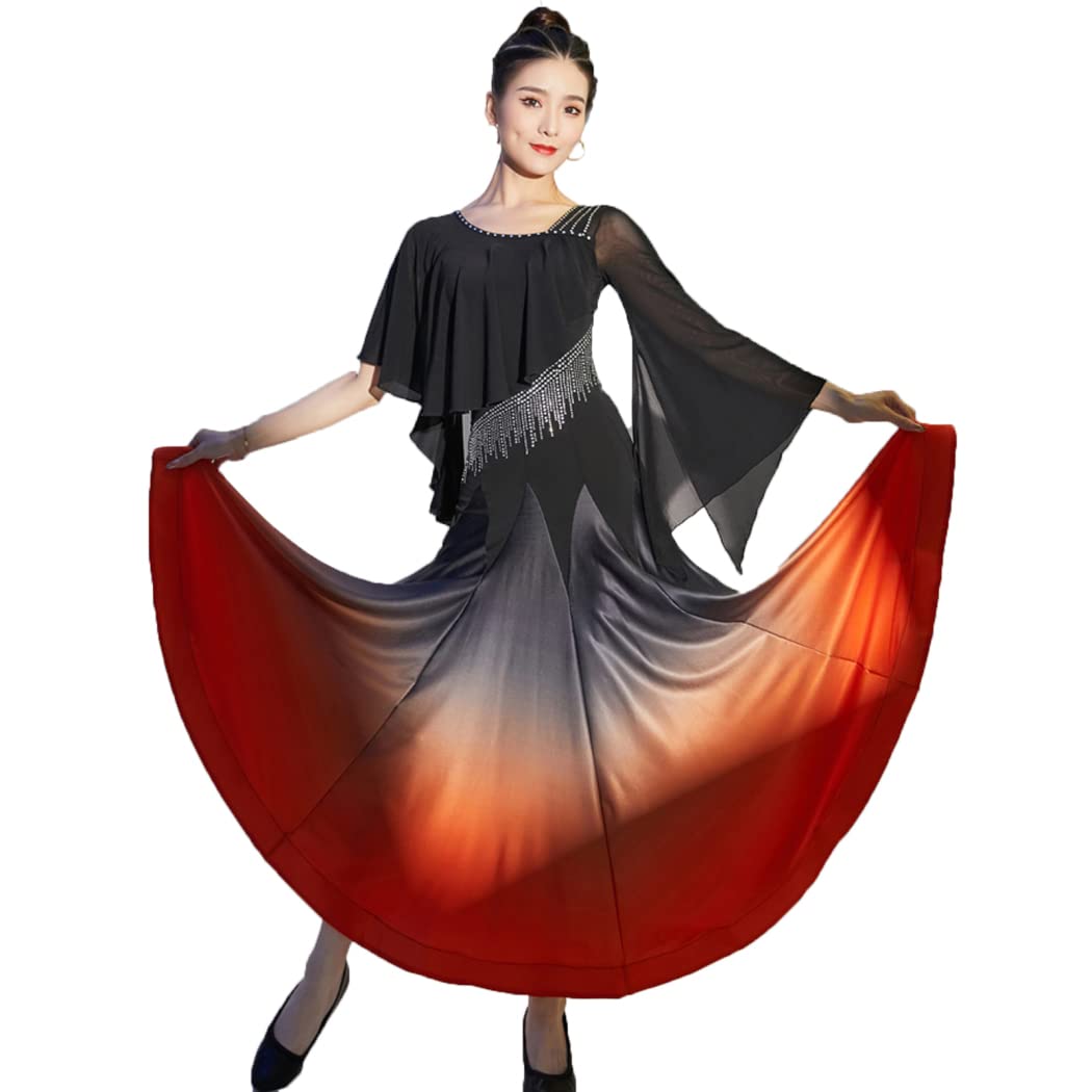Ballroom Dance Dresses for Women Waltz Modern Performance Dancing Outfit Flamenco Salsa Dancewear Tango Practice Skirt,Orange,L