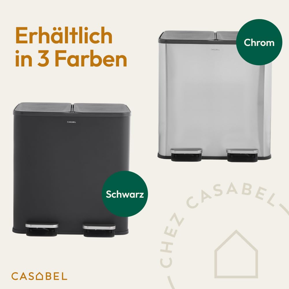 CASABEL Doppel-Küchenmülleimer 2x15L aus Edelstahl, fingerabdruckresistent, luftdichte Deckel mit Fußpedal, ideal für Recycling in Küche, Bad oder Büro - Schwarz