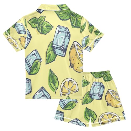 Satin Pajama Sets Short Sleeve Ice Mint Lemon Pattern Button Down Silky Nightwear 2 Piece PJS 5-14Y2