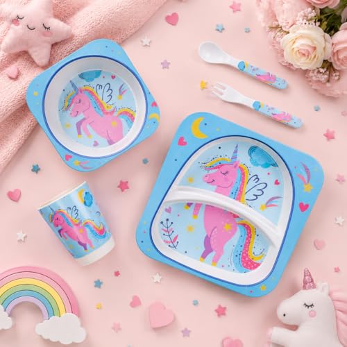 Image of Bamboo Kids Feeding Set of 5 |Made of Bamboo| Affordable Kids Crockery Set Tableware |Baby Utensils and Dishes Set | Eco-Friendly |Organic & Natural (Unicorn in The Sky)