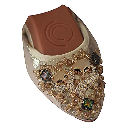 USANDY Women's Wedding Flats Rhinestone Slip On Foldable Ballet Shoes, A-glod, 10