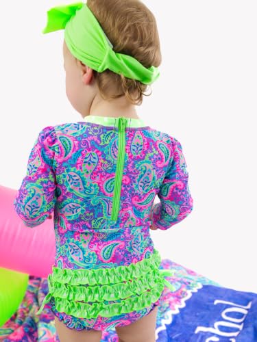 Image of RuffleButts Baby Girls UPF 50+ Sun Protection Floral Printed Long Sleeve One Piece Rash Guard Swimsuit with Zipper