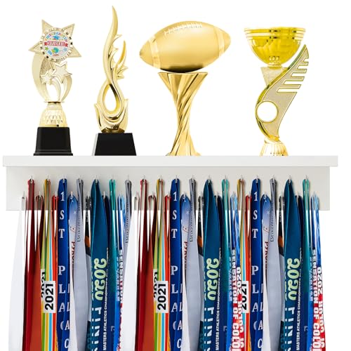 Threehoney Wooden Medal Hanger Display Trophy Holder Shelf with 25/37/49/65/83 Hooks Wall Mount Ribbon Holder Gift for Gymnastics Running Soccer Awards(2ft/24inch,White Shelf Sliver Hooks)