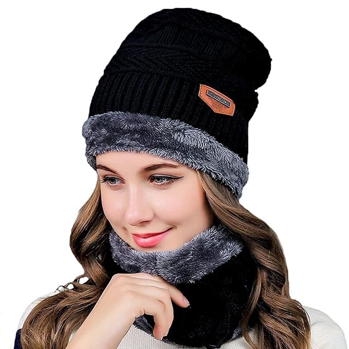 Bon KRUPA Warm for Winter Woolen Cap with Neck Warmer | Warm Fleece Lined Beanie & Muffler Set for Men & Women | Soft Thermal Protection | Black-image-48